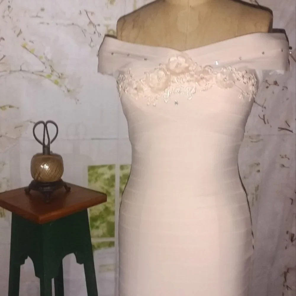 Off Shoulder Light Peach & Rhinestone Bodycon Dress - Picture 1 of 6